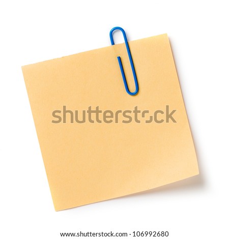 Note with a paper clip. Isolated on a white background with a shadow