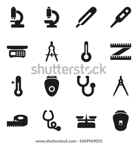 Flat vector icon set - thermometer vector, drawing compass, measuring, stethoscope, microscope, store scales, epilator