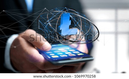 View of a Businessman using a smartphone with a litecoin crypto currency sign flying around a network connection - 3d render