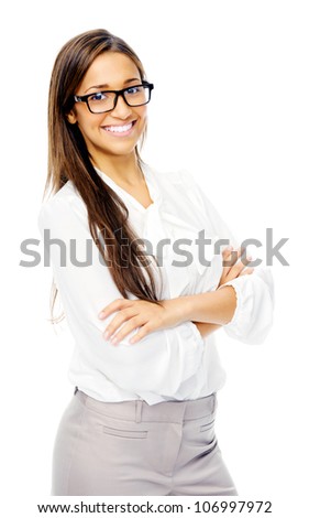 Cute confident businesswoman portrait with glasses. hispanic woman isolated on white background