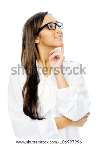 Thinking hispanic businesswoman portrait with glasses isolated on white background