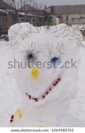 Ukraine, Kharkiv, Snowman with colourful face , 2018 February 18, at 3 p.m.