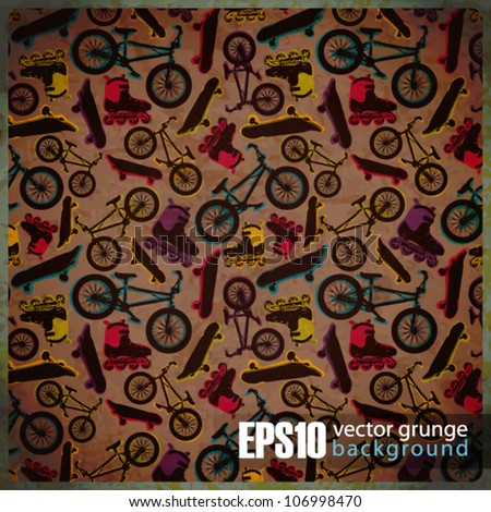 EPS10 vintage background with  bicycles,skateboards and rollers.