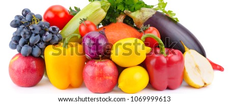 Fruits and vegetables isolated on white background. Wide photo.
