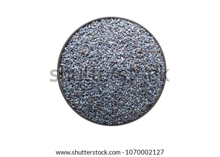 poppy seeds in bowl, top view, isolated on a white background. organic spice