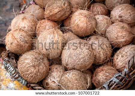 Pile of coconuts in the basket at the market in India