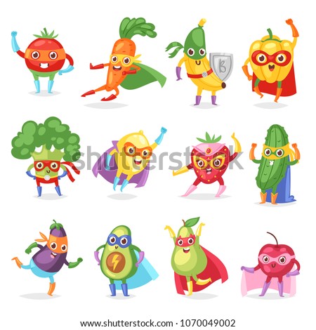 Superhero fruits vector fruity cartoon character of super hero expression vegetables with funny banana carrot or pepper in mask illustration fruitful vegetarian set isolated on white background Royalty-Free Stock Photo #1070049002