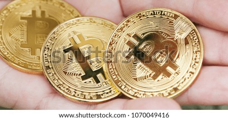  female hand holds three coins .  Panorama of coins into the hand