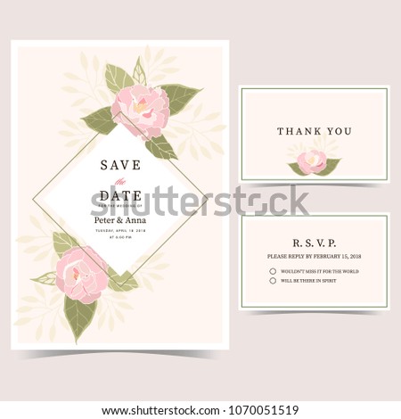 Wedding invitation templates with camellia blossom and greenery. Vector design.