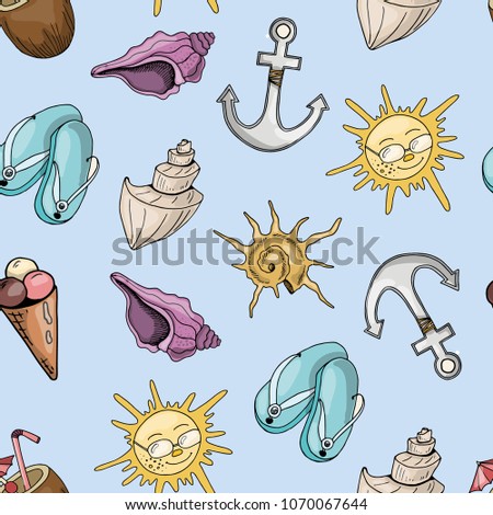 seamless pattern with colorful elements design of sea, beach, summer, holidays, hand drawing style, sketches, vector illustration