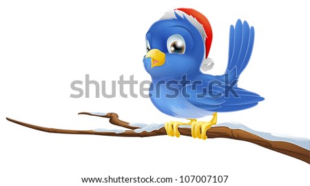 A blue bird sitting on snow covered branch wearing a Christmas hat