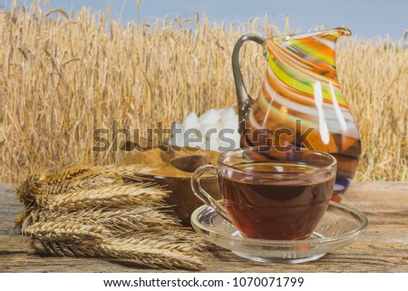 Bread kvass, rye malt and sugar on the background of nature