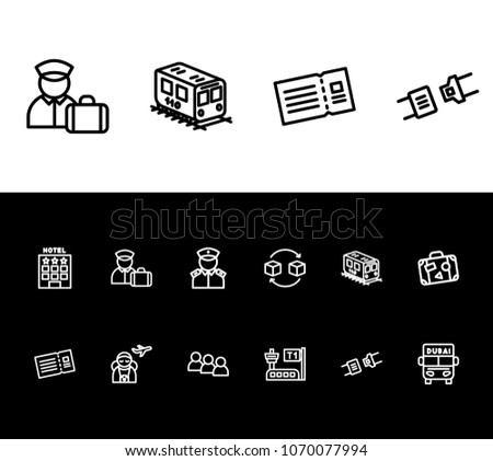 Airport icon set and hotel with baggage man, bus dubAI and airport belt. People crowd related airport icon vector for web UI logo design.