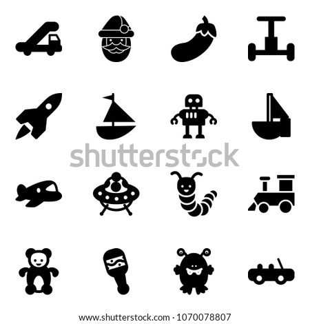 Solid vector icon set - trap truck vector, santa claus, eggplant, gyroscope, rocket, sailboat toy, robot, plane, ufo, caterpillar, train, bear, beanbag, monster, car