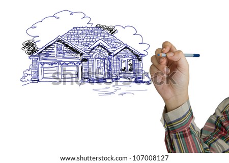 Hand sketching house on white background