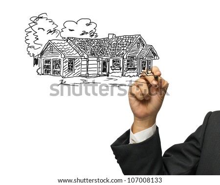 Business hand drawing house on white background