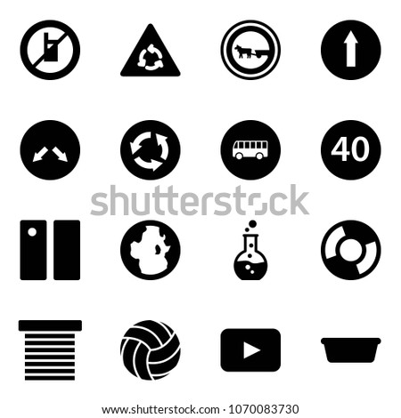 Solid vector icon set - no mobile sign vector, round motion road, cart horse, only forward, detour, circle, bus, minimal speed limit, pause, globe, flask, chart, jalousie, volleyball, playback