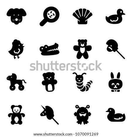 Solid vector icon set - dog vector, bacteria, shell, duck toy, chicken, crocodile, bear, horse stick, wheel, caterpillar, rabbit, unicorn, monster