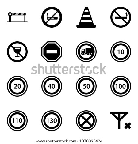 Solid vector icon set - barrier vector, no smoking sign, road cone, alcohol, way, truck, speed limit 10, 20, 40, 50, 100, 110, 130, stop, signal