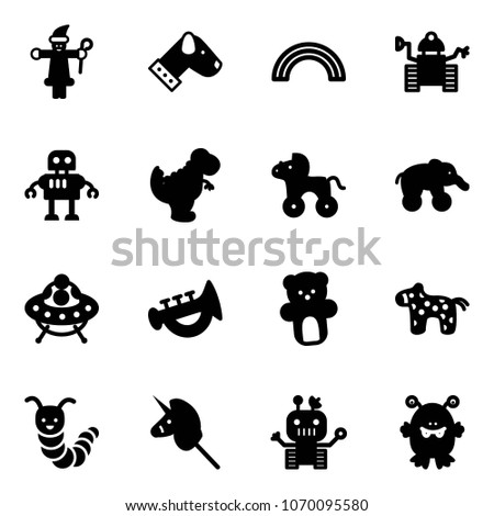 Solid vector icon set - santa claus vector, dog, rainbow, robot, dinosaur toy, wheel horse, elephant, ufo, horn, bear, caterpillar, unicorn stick, monster