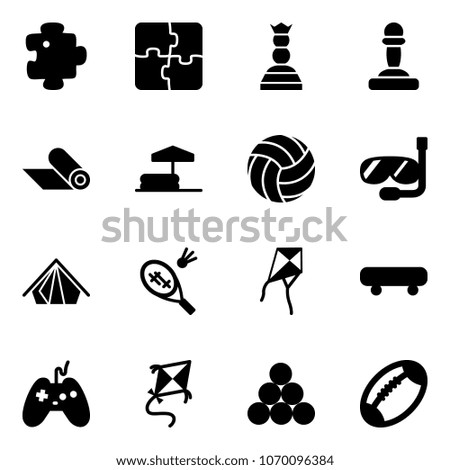 Solid vector icon set - puzzle vector, chess queen, pawn, mat, inflatable pool, volleyball, diving, tent, badminton, kite, skateboard, joystick, billiards balls, football