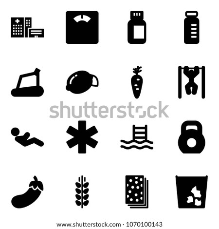 Solid vector icon set - hospital building vector, floor scales, pills bottle, vial, treadmill, lemon, carrot, pull ups, abdominal muscles, ambulance star, pool, weight, eggplant, spica, breads