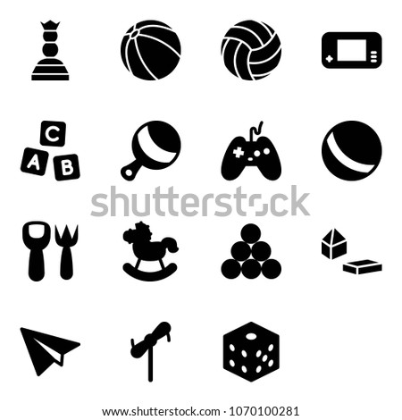 Solid vector icon set - chess queen vector, ball, volleyball, game console, abc cube, beanbag, joystick, shovel fork toy, rocking horse, billiards balls, constructor blocks, paper plane, windmill
