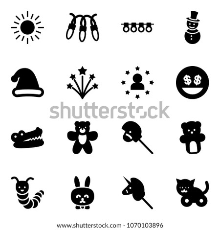 Solid vector icon set - sun vector, garland, snowman, christmas hat, firework, star man, money smile, crocodile, bear toy, horse stick, caterpillar, rabbit, unicorn, cat
