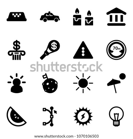 Solid vector icon set - taxi vector, safety car, candle, bank, money torch, traffic light road sign, limited distance, idea, moon flag, sun, beach, watermelone, bezier, power, bulb