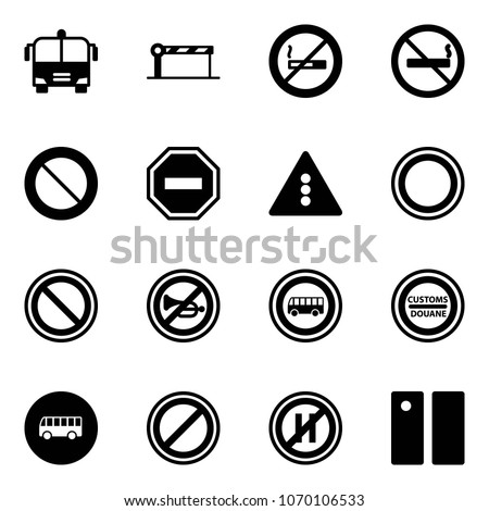 Solid vector icon set - airport bus vector, barrier, no smoking sign, prohibition road, way, traffic light, horn, customs, parking, even, pause