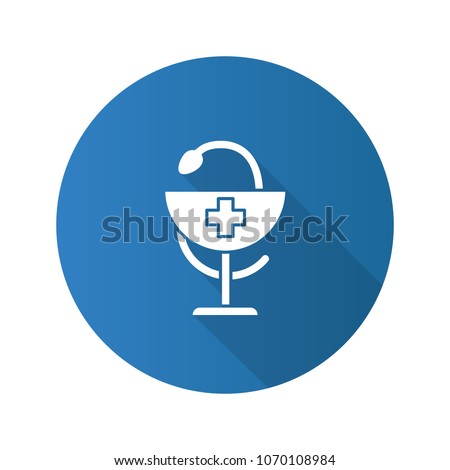Bowl of Hygeia flat design long shadow glyph icon. Pharmacy. Vector silhouette illustration