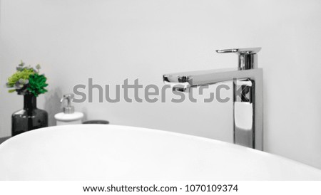 Luxury modern style faucet mixer on a white sink in a beautiful gray and white interior bathroom
