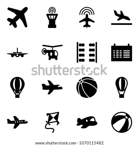 Solid vector icon set - plane vector, airport tower, radar, arrival, helicopter, seats, schedule, air balloon, ball, kite, toy, beach