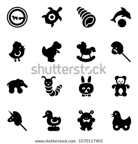 Solid vector icon set - no cart horse vector road sign, sea turtle, shell, dolphin, chicken toy, dinosaur, rocking, stick, elephant wheel, caterpillar, rabbit, bear, unicorn, duck, monster
