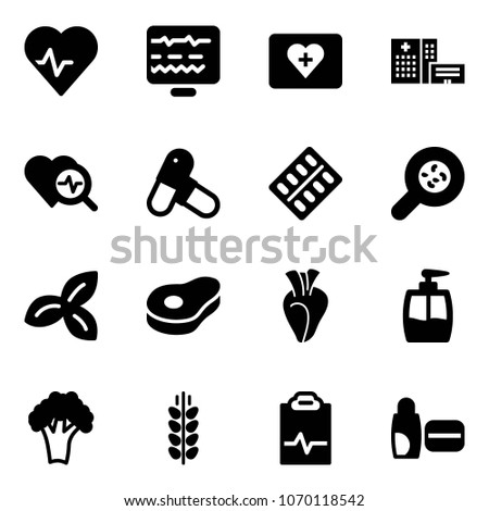Solid vector icon set - heart pulse vector, diagnostic monitor, first aid kit, hospital building, diagnosis, pills, blister, bacteria, three leafs, meat, liquid soap, broccoli, spica, clipboard