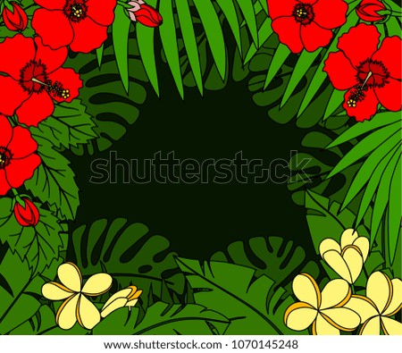 Summer illustration with tropic palm leaves and flowers on black background