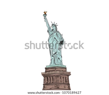 Statue of liberty, vector, Illustration of hand drawn line, ink sketch, outline and flat. New York and USA landmark architecture. American national symbol. vintage engraved for Fourth of July.