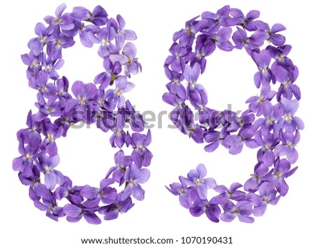 Arabic numeral 89, eighty nine, from flowers of viola, isolated on white background