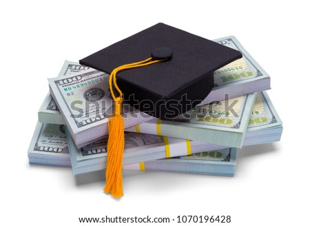 Pile of Money with Graduation Hat Isolated on White Background.