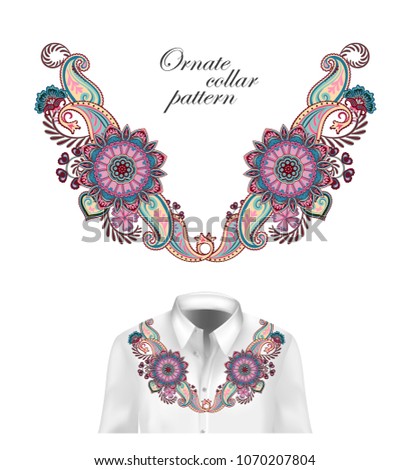 Vector design for collar shirts, shirts, blouses. Colorful ethnic flowers neck. Paisley decorative border. Ornate collar pattern. Pastel blue pink beige