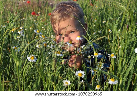 A small white boy with blond hair hid himself and gaily peeks out from behind the wildflowers on a spring meadow.