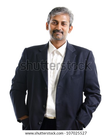 Good looking mature Asian Indian male with business suit isolated on white background Royalty-Free Stock Photo #107025527