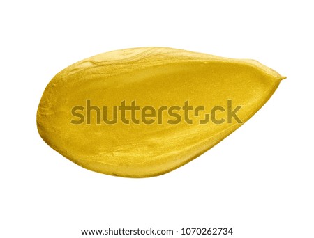 Gold acrylic watercolor paint brush stroke free hand drawing texture isolated on white background top view photo object design