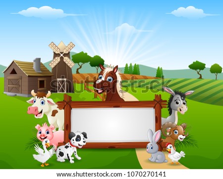 Animals with the blank sign board in the farm