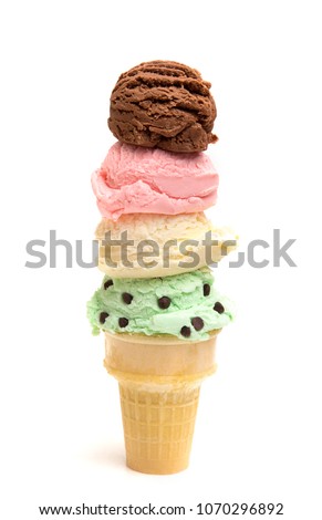 Quadruple Stack of Ice Cream Scoops on a Sugar Cone Royalty-Free Stock Photo #1070296892