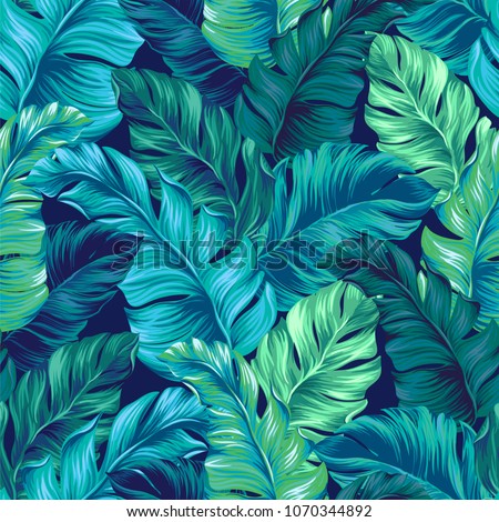turquoise and green tropical leaves. Seamless graphic design with amazing palms. Fashion, interior, wrapping, packaging suitable. Realistic palm leaves. Vertical layout. leaves growing upwards.  Royalty-Free Stock Photo #1070344892