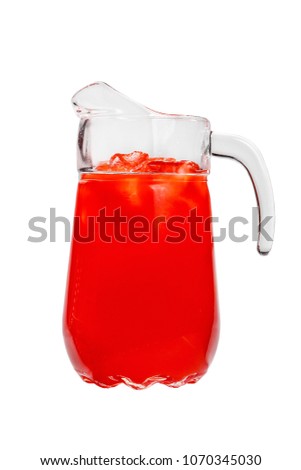 Single-color opaque cocktail, orange, red refreshing in a jug with ice cubes with the taste of tomato, grapeprut, strawberry. Side view. Isolated white background. Drink for the menu Royalty-Free Stock Photo #1070345030