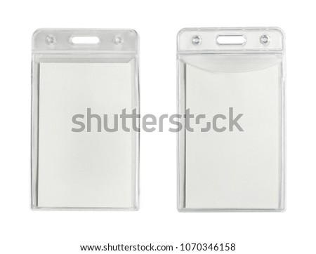Blank bagde mockup isolated on white. Plain empty plastic name tag mock up front and back.