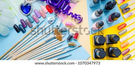 Make up set on pastel background top view. Manicure fashion modern bright background. Trendy minimal pop art style and pastel colors