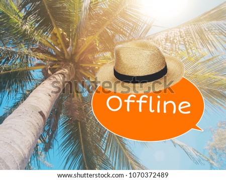 Travel concept quote "Offline" with picture of coconut palm tree minor edit with vintage effects.